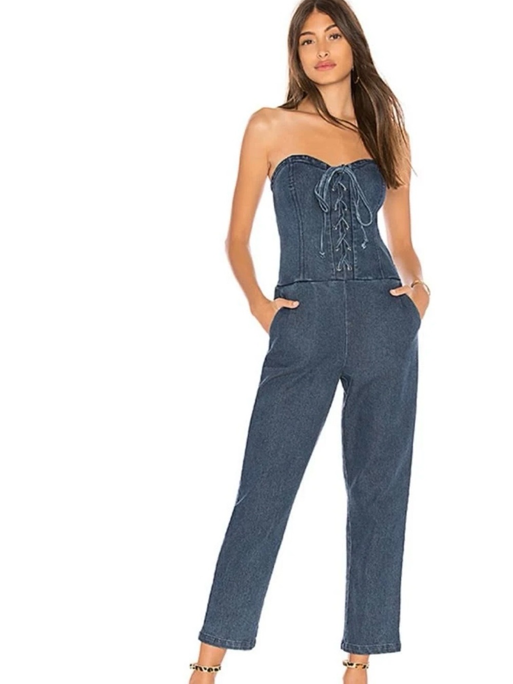 Strapless Lace-Up Dark Blue Denim Jumpsuit